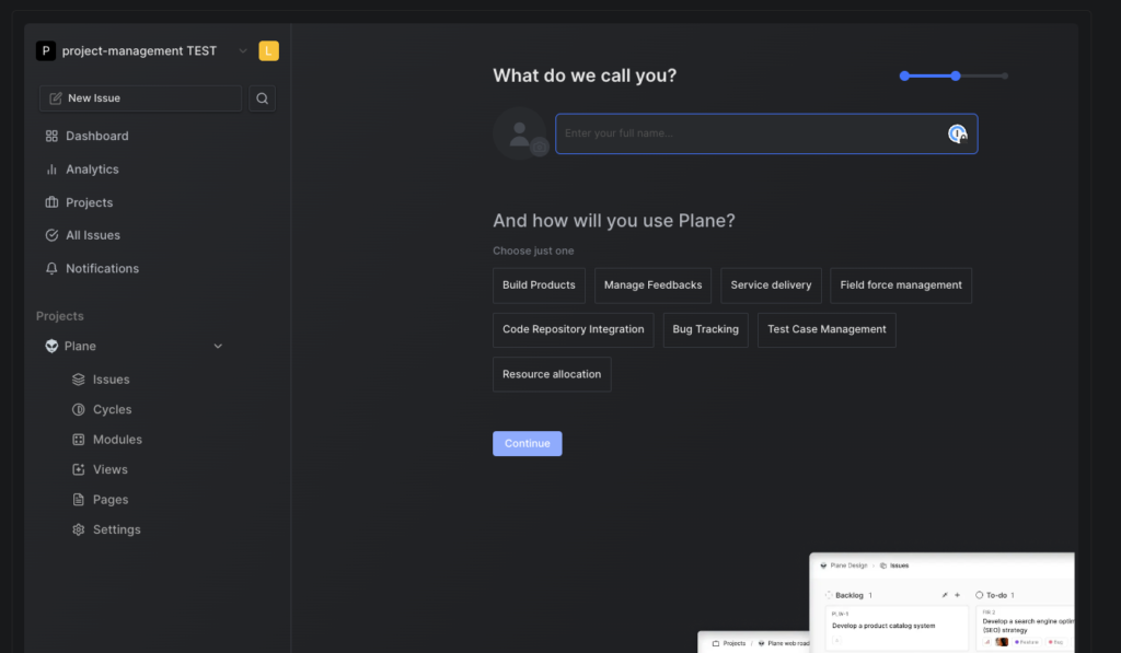 Example of the automated setup process in Plane.